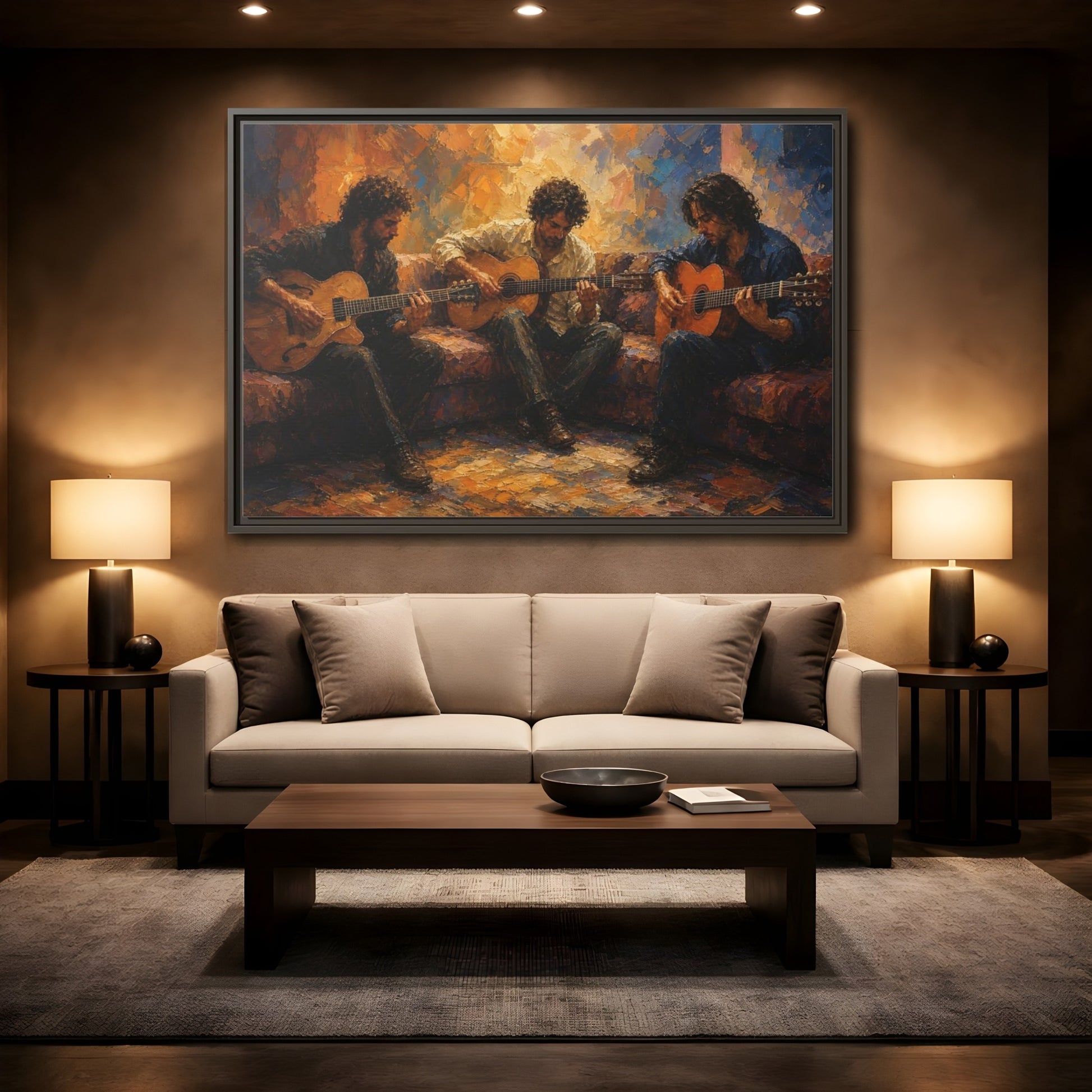Mockup 2. Abstract Guitar Players Warm Toned Guitars shown as framed canvas print