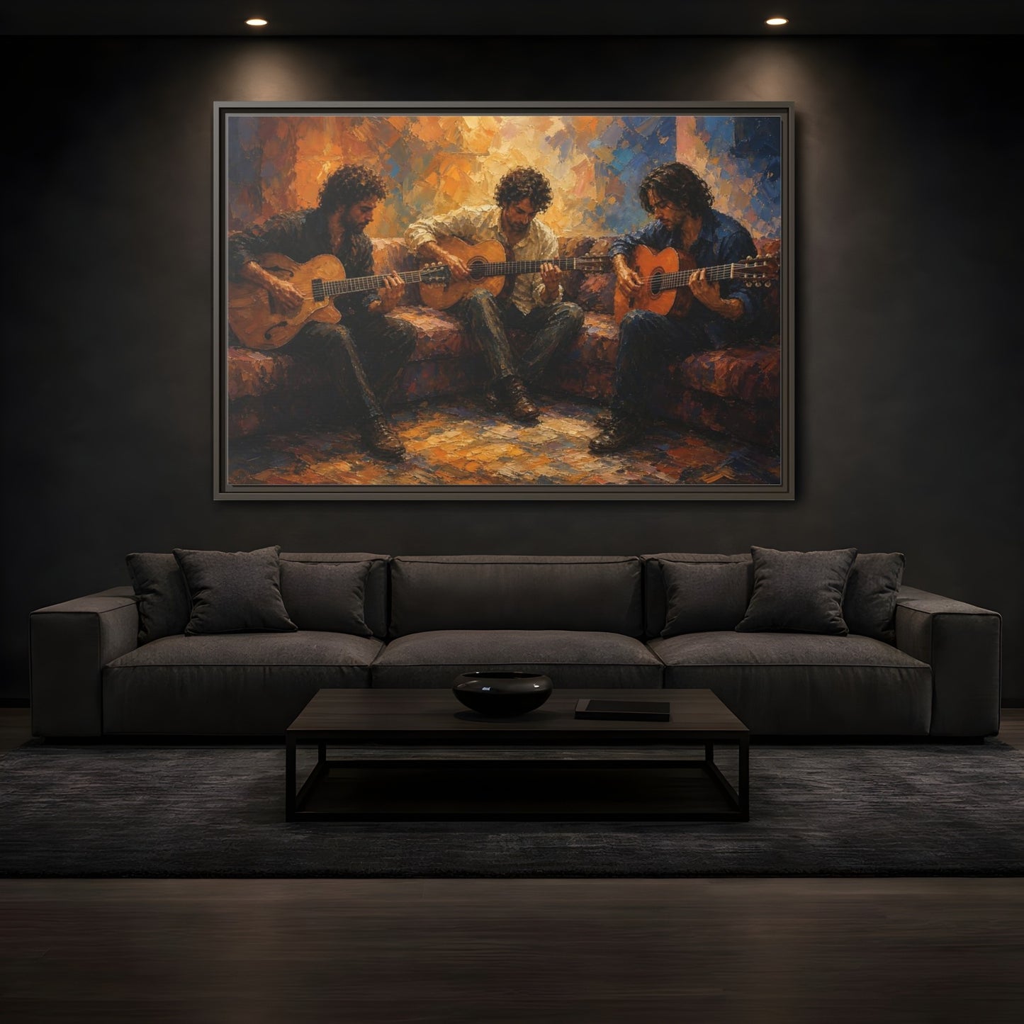 Mockup 3. Abstract Guitar Players Warm Toned Guitars shown as framed canvas print