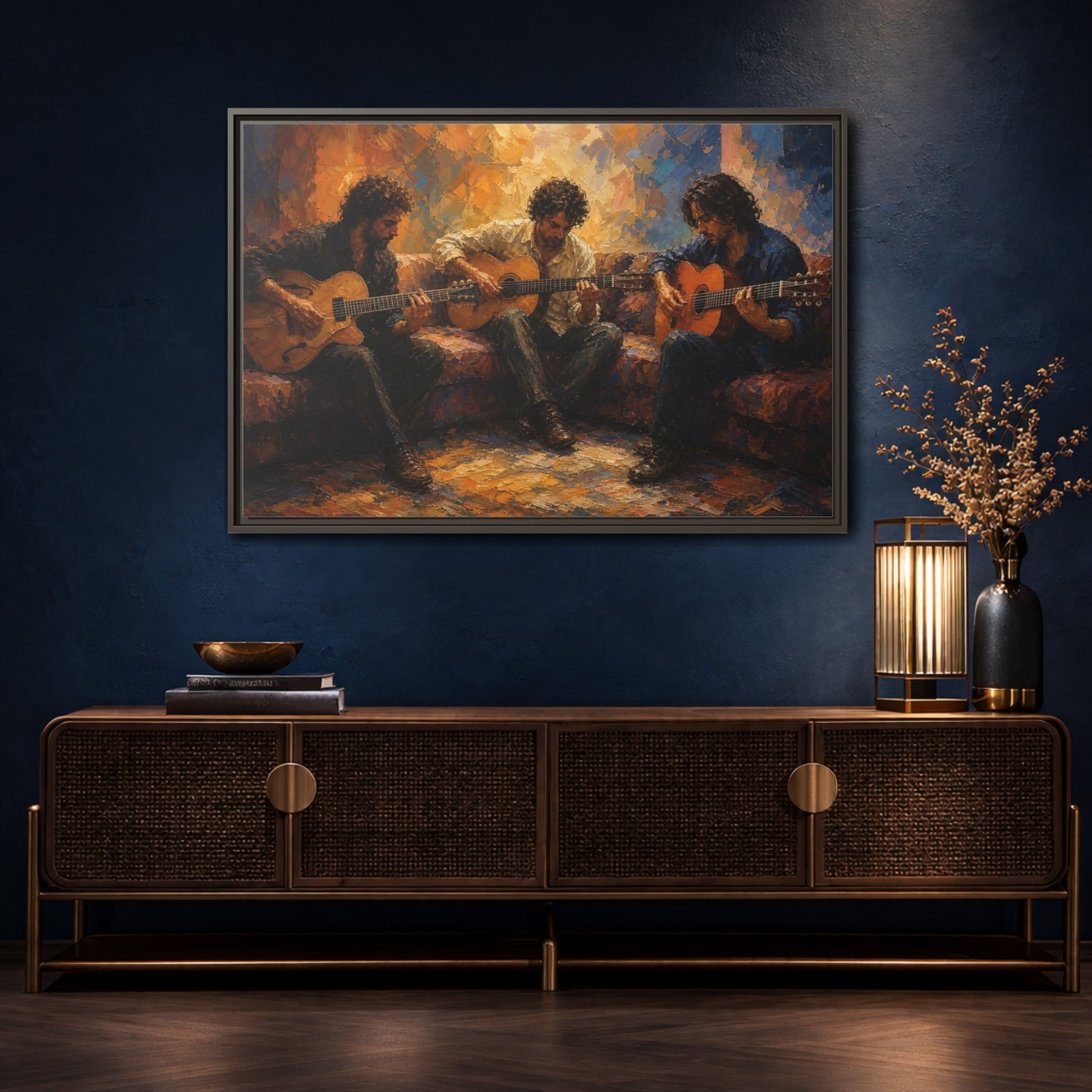 Mockup 4. Abstract Guitar Players Warm Toned Guitars shown as framed canvas print