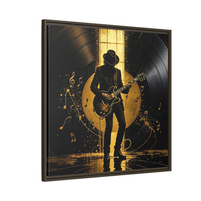 Side Mockup 8. Abstract Guitarist Black And Gold Music shown as framed canvas print