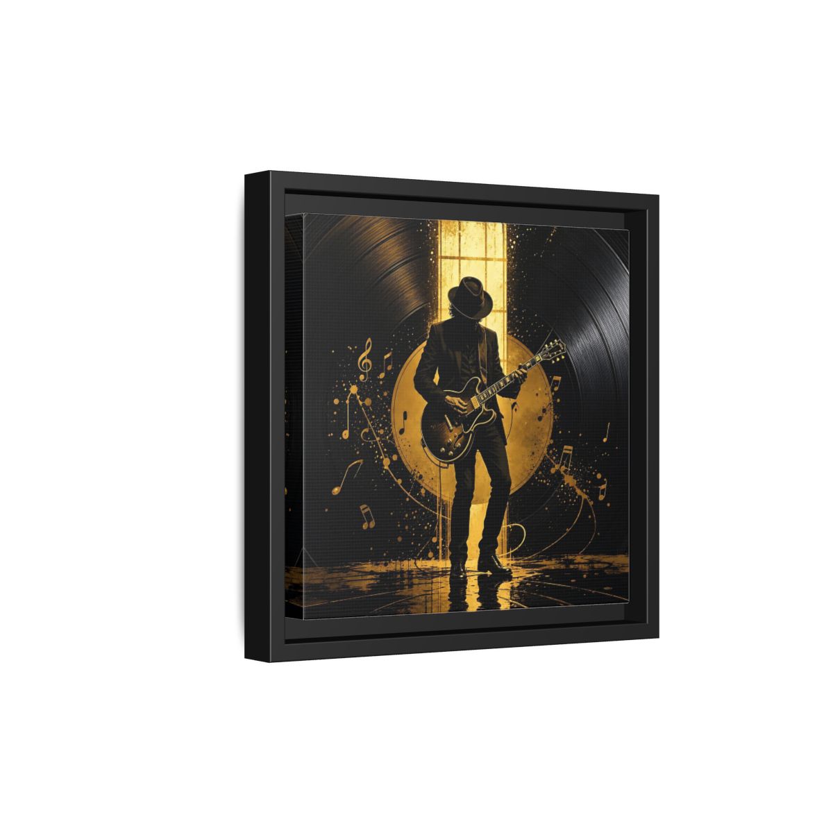 Side Mockup 21. Abstract Guitarist Black And Gold Music shown as framed canvas print