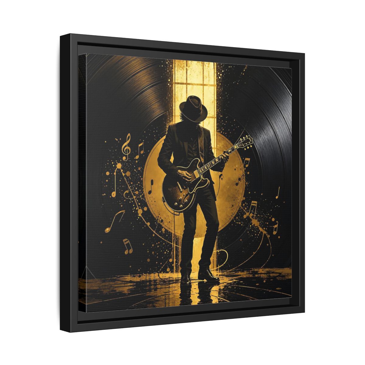 Side Mockup 32. Abstract Guitarist Black And Gold Music shown as framed canvas print