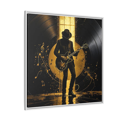 Side Mockup 4. Abstract Guitarist Black And Gold Music shown as framed canvas print
