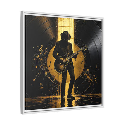 Side Mockup 26. Abstract Guitarist Black And Gold Music shown as framed canvas print