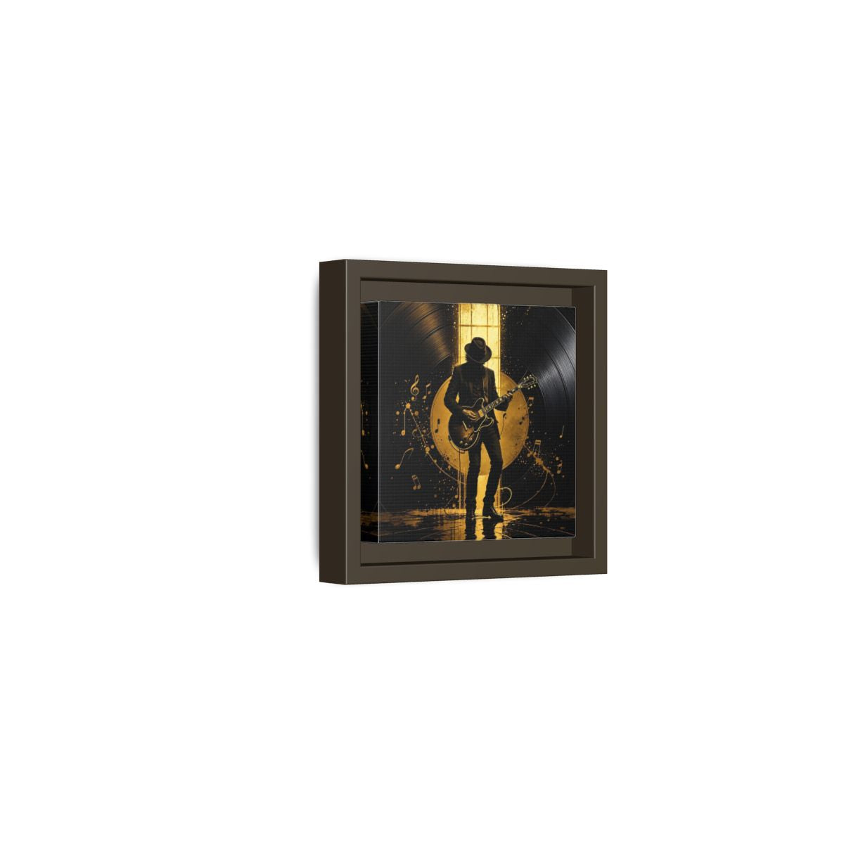 Side Mockup 23. Abstract Guitarist Black And Gold Music shown as framed canvas print