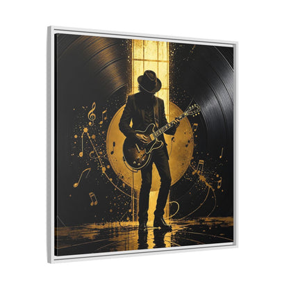 Side Mockup 25. Abstract Guitarist Black And Gold Music shown as framed canvas print