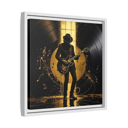 Side Mockup 28. Abstract Guitarist Black And Gold Music shown as framed canvas print