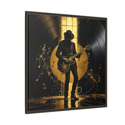 Side Mockup 5. Abstract Guitarist Black And Gold Music shown as framed canvas print