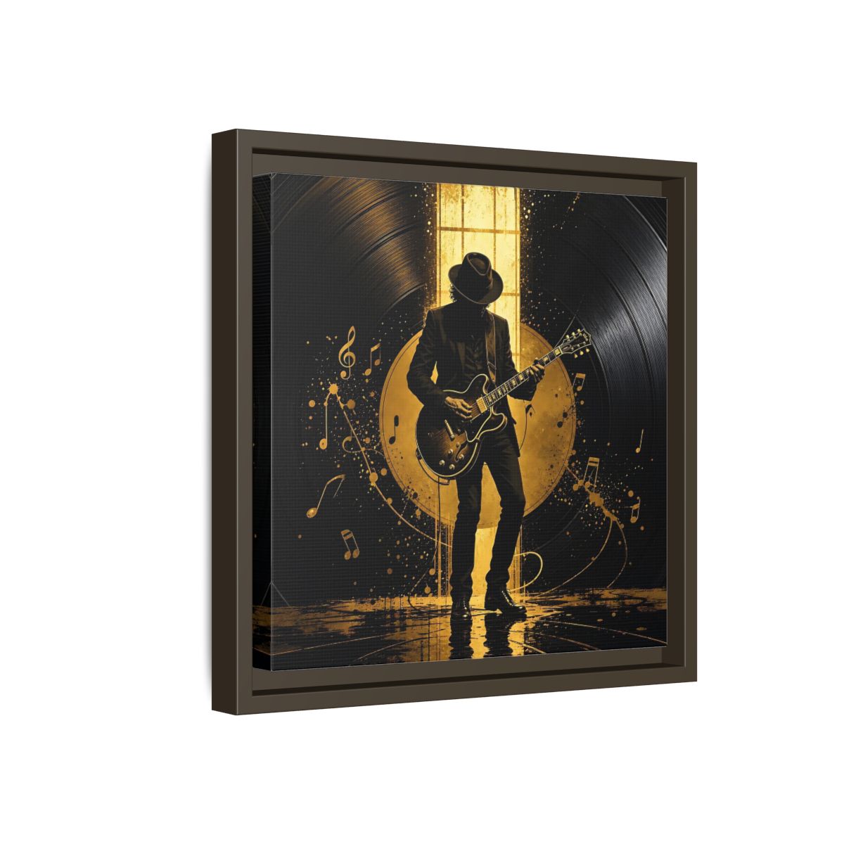 Side Mockup 17. Abstract Guitarist Black And Gold Music shown as framed canvas print