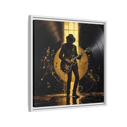 Side Mockup 10. Abstract Guitarist Black And Gold Music shown as framed canvas print