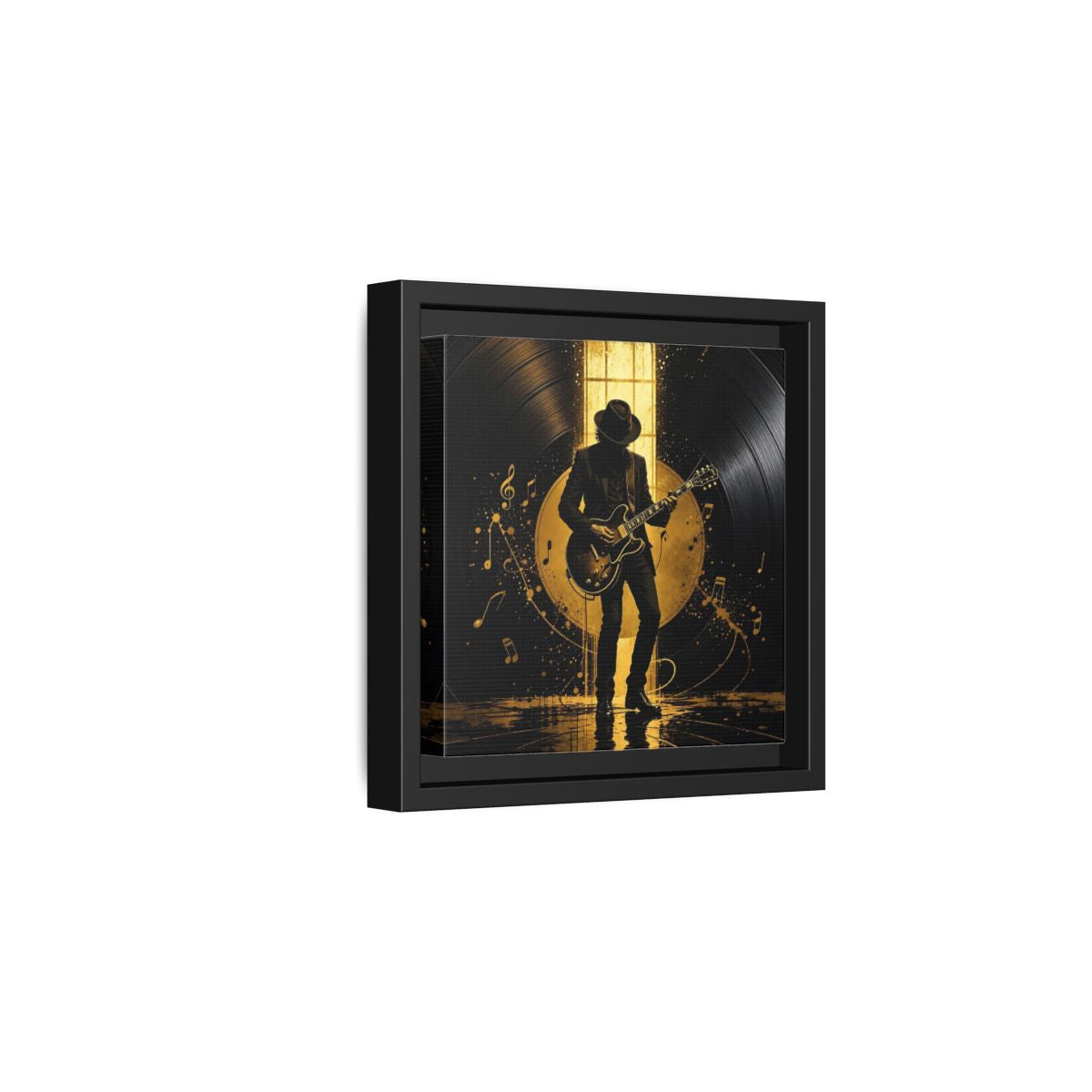Side Mockup 3. Abstract Guitarist Black And Gold Music shown as framed canvas print