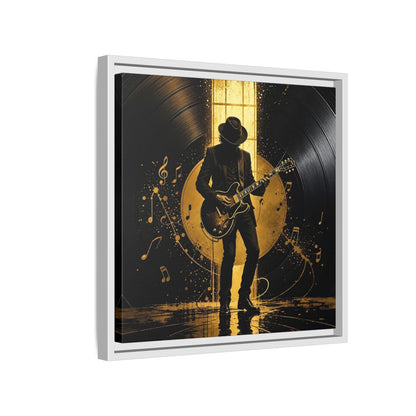 Side Mockup 13. Abstract Guitarist Black And Gold Music shown as framed canvas print
