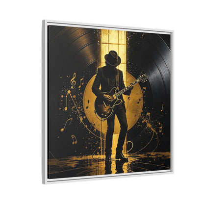 Side Mockup 7. Abstract Guitarist Black And Gold Music shown as framed canvas print