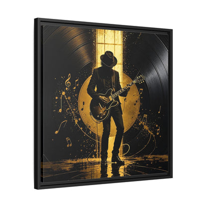 Side Mockup 31. Abstract Guitarist Black And Gold Music shown as framed canvas print
