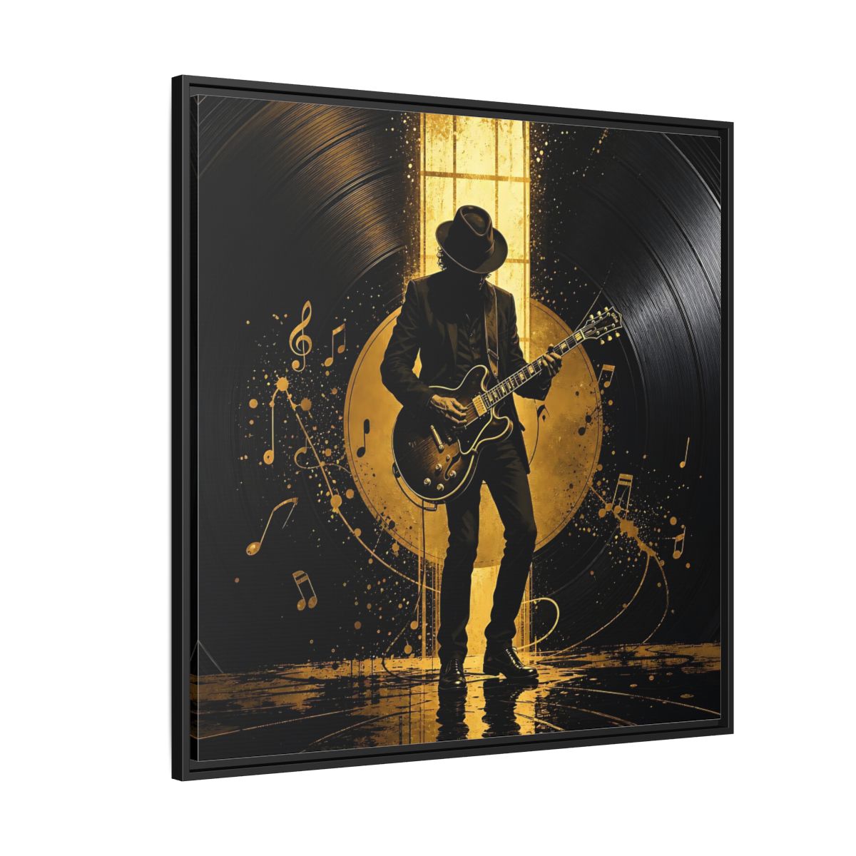 Side Mockup 6. Abstract Guitarist Black And Gold Music shown as framed canvas print