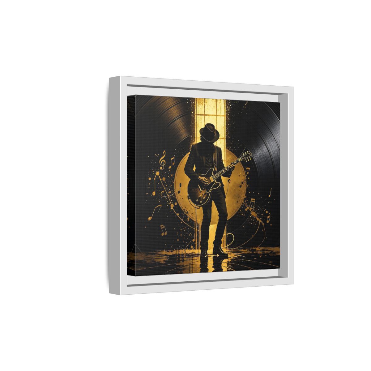 Side Mockup 19. Abstract Guitarist Black And Gold Music shown as framed canvas print