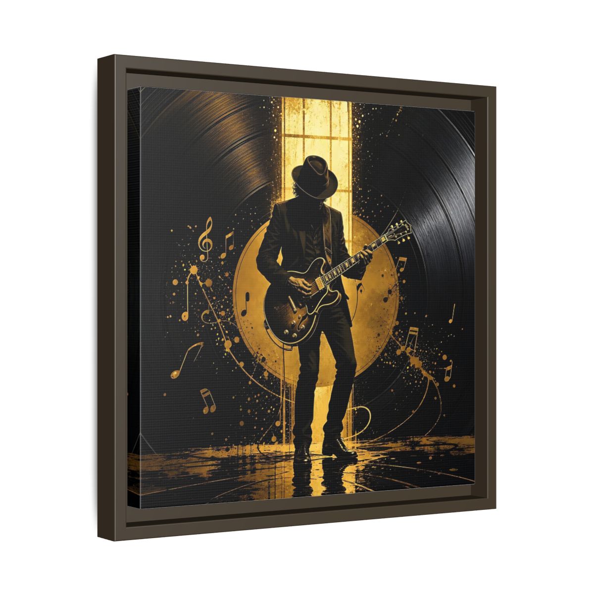 Side Mockup 29. Abstract Guitarist Black And Gold Music shown as framed canvas print