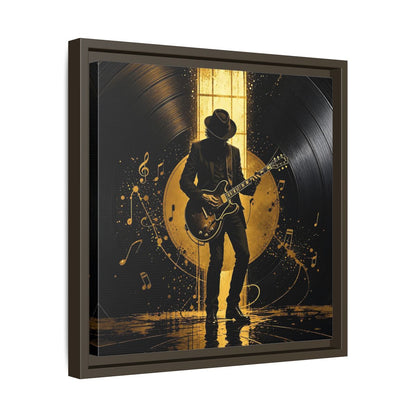 Side Mockup 29. Abstract Guitarist Black And Gold Music shown as framed canvas print