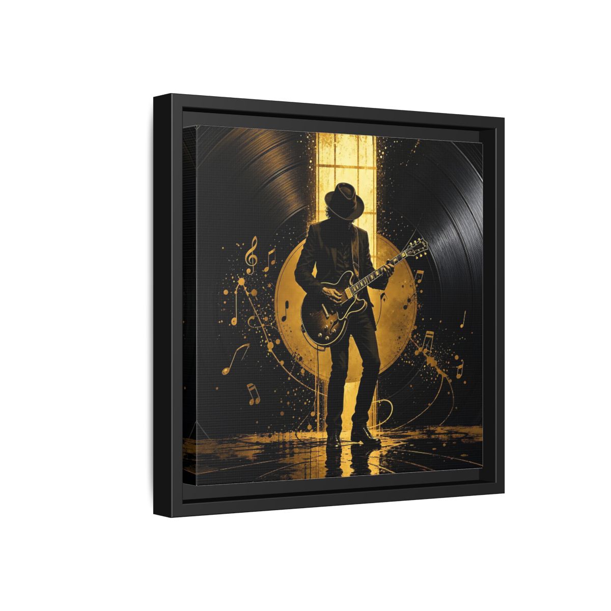 Side Mockup 18. Abstract Guitarist Black And Gold Music shown as framed canvas print