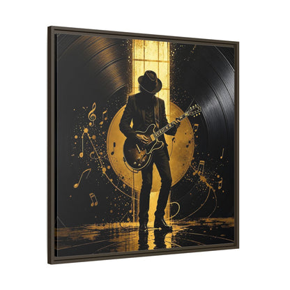 Main Mockup. Abstract Guitarist Black And Gold Music shown as framed canvas print
