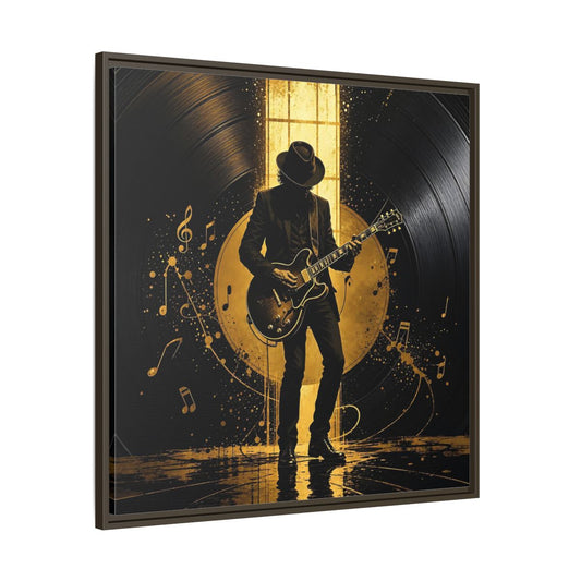 Main Mockup. Abstract Guitarist Black And Gold Music shown as framed canvas print