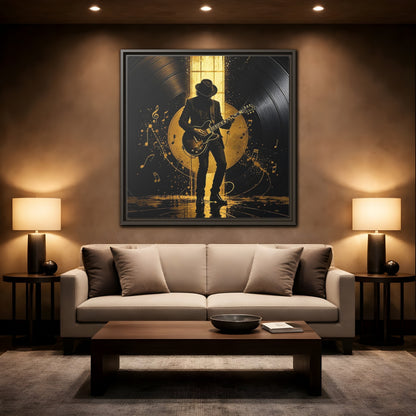 Mockup 2. Abstract Guitarist Black And Gold Music shown as framed canvas print