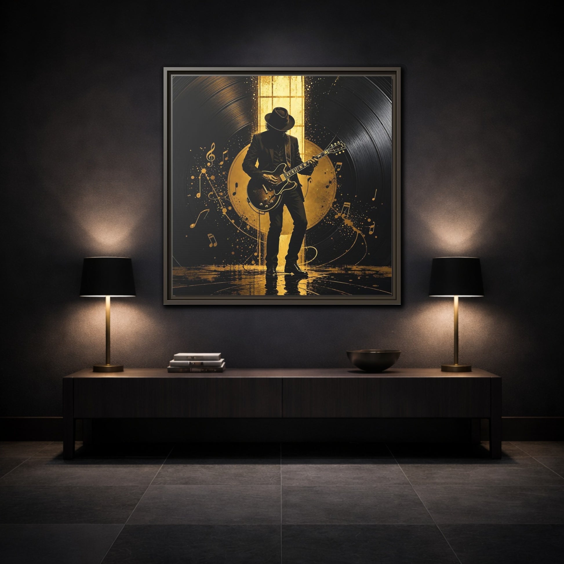Mockup 3. Abstract Guitarist Black And Gold Music shown as framed canvas print