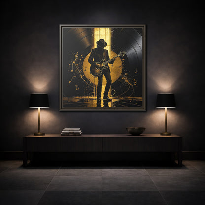 Mockup 3. Abstract Guitarist Black And Gold Music shown as framed canvas print