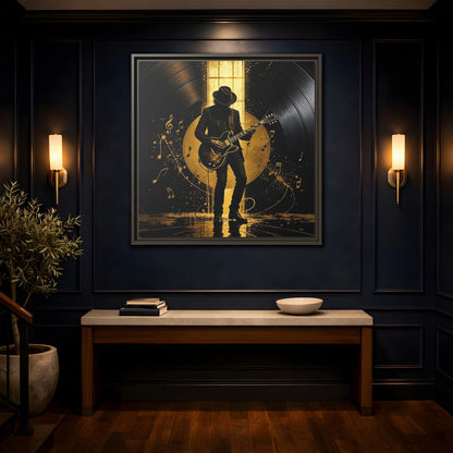 Mockup 4. Abstract Guitarist Black And Gold Music shown as framed canvas print