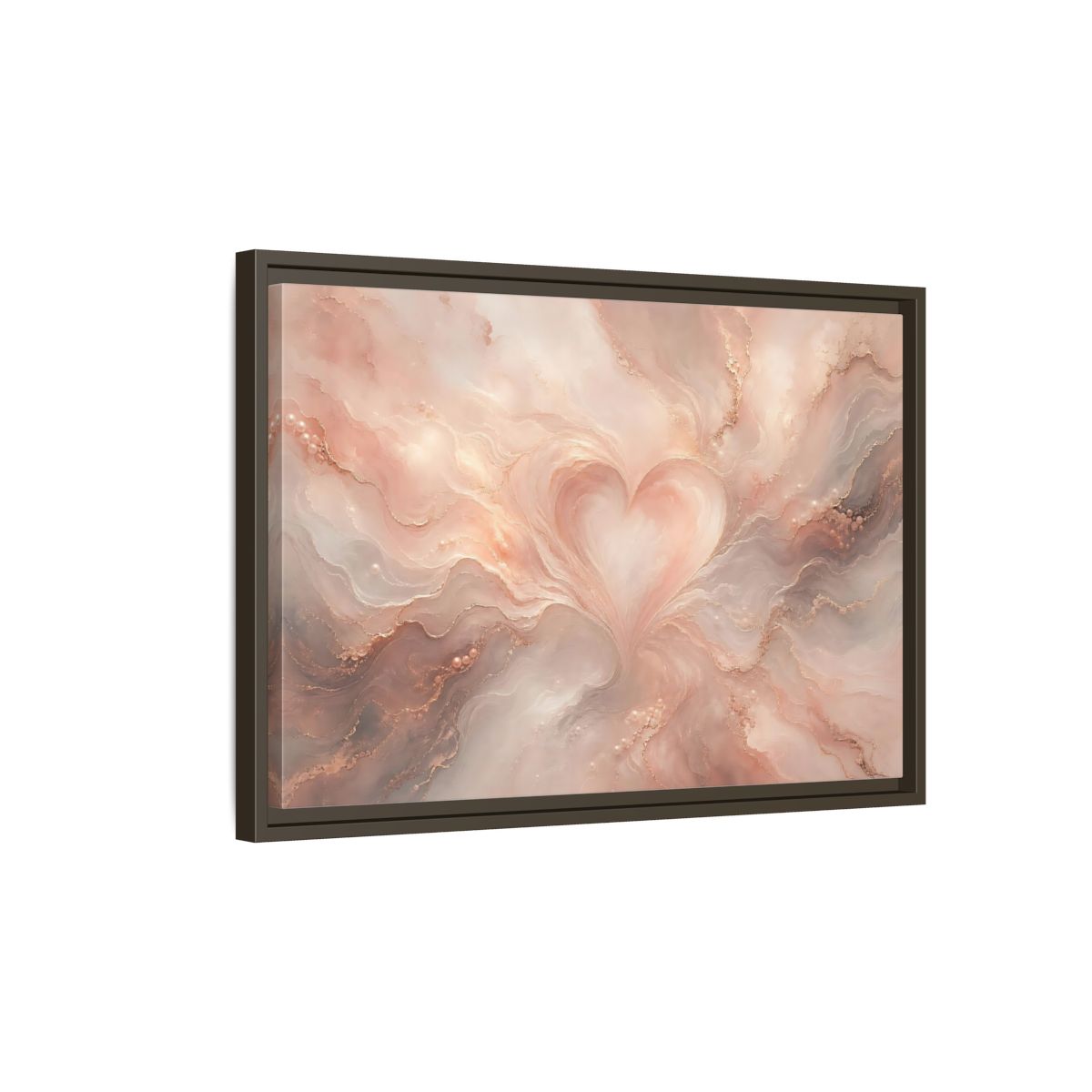 Side Mockup 2. Abstract Heart Rose Gold Marble shown as stretched canvas wall art