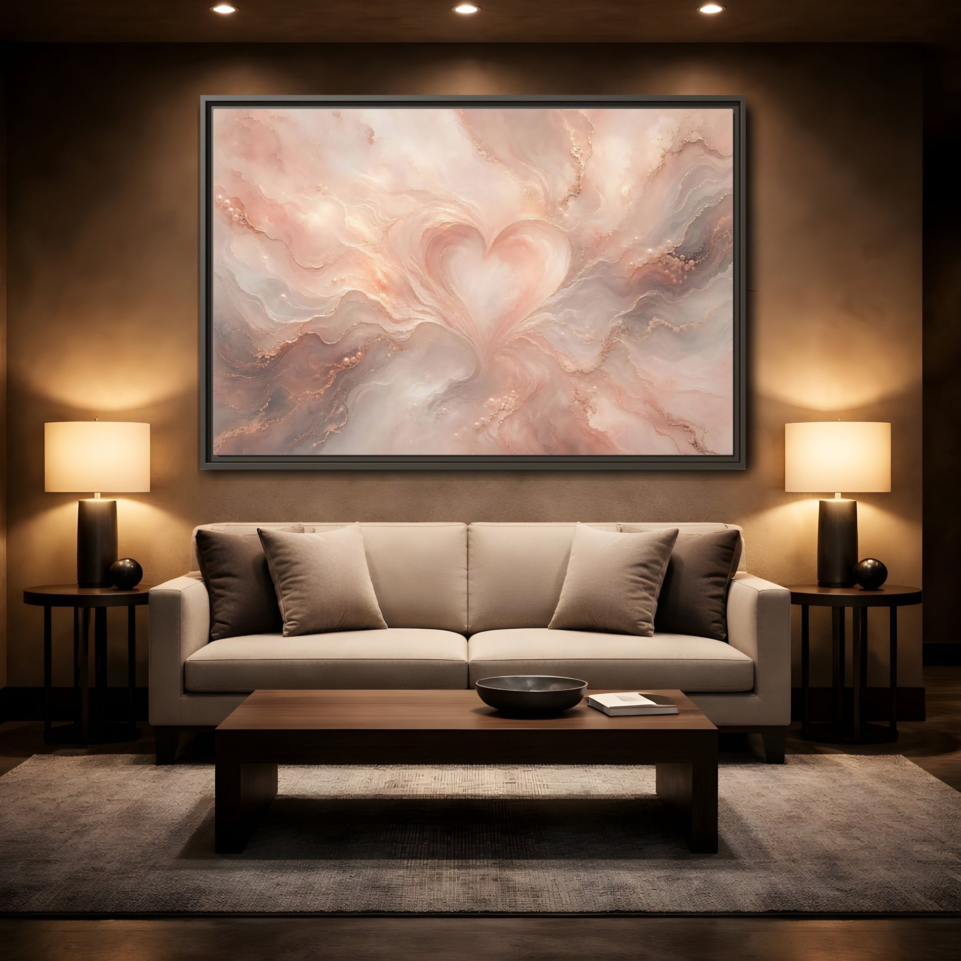 Mockup 2. Abstract Heart Rose Gold Marble shown as stretched canvas wall art