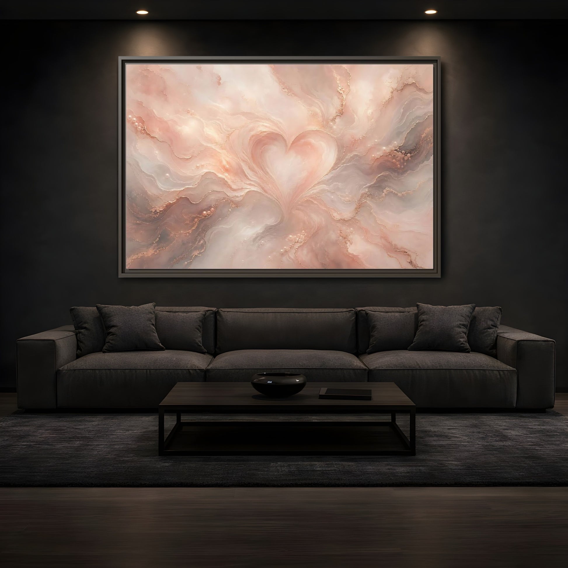 Mockup 3. Abstract Heart Rose Gold Marble shown as stretched canvas wall art