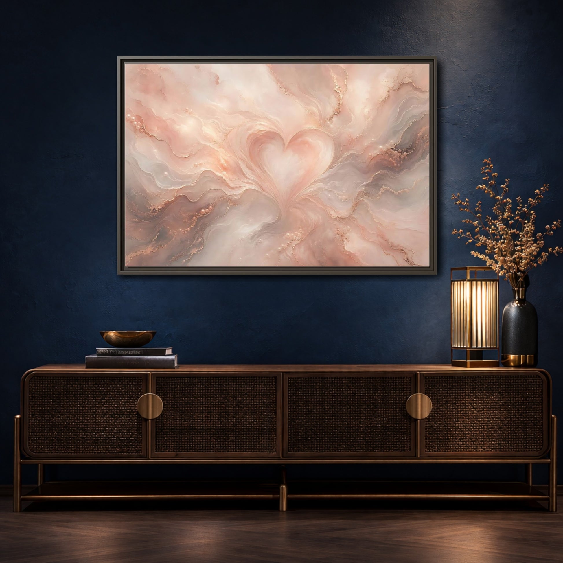 Mockup 4. Abstract Heart Rose Gold Marble shown as stretched canvas wall art