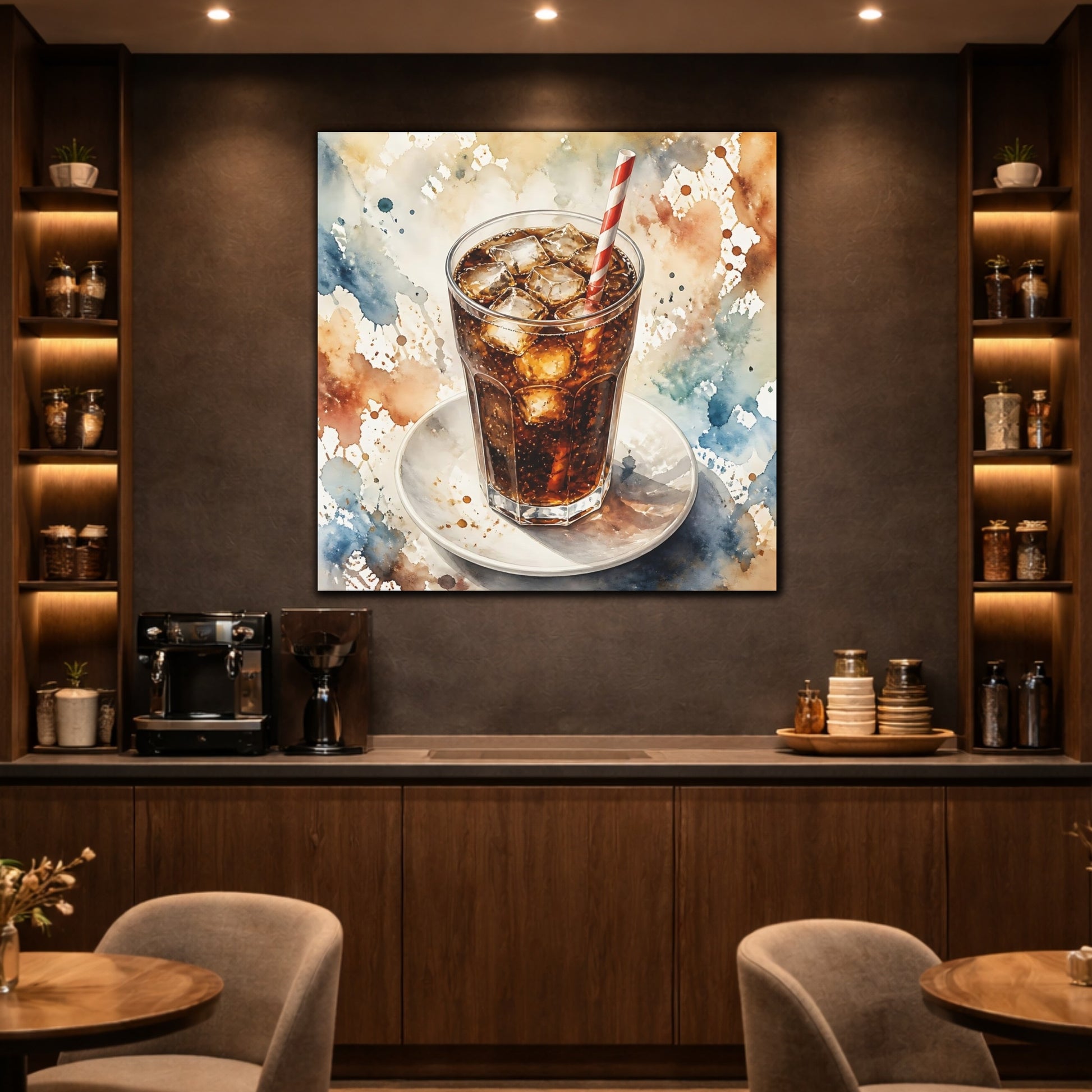 Mockup 2. Abstract Iced Cola Iced Cola Watercolor shown as stretched canvas wall art