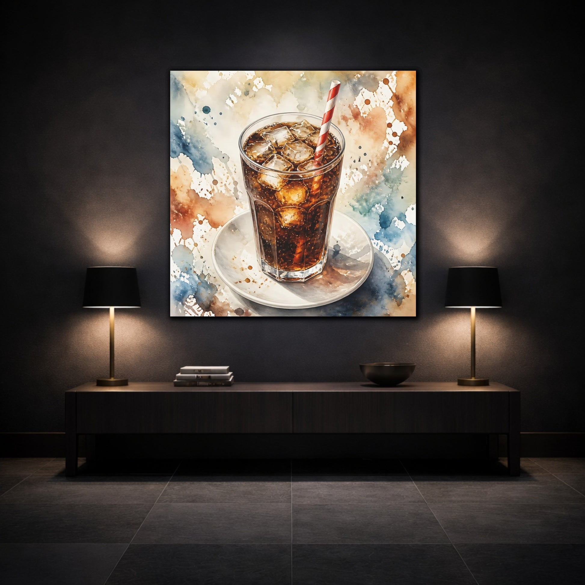 Mockup 3. Abstract Iced Cola Iced Cola Watercolor shown as stretched canvas wall art