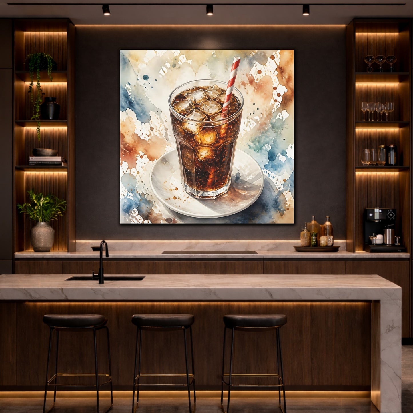 Mockup 4. Abstract Iced Cola Iced Cola Watercolor shown as stretched canvas wall art