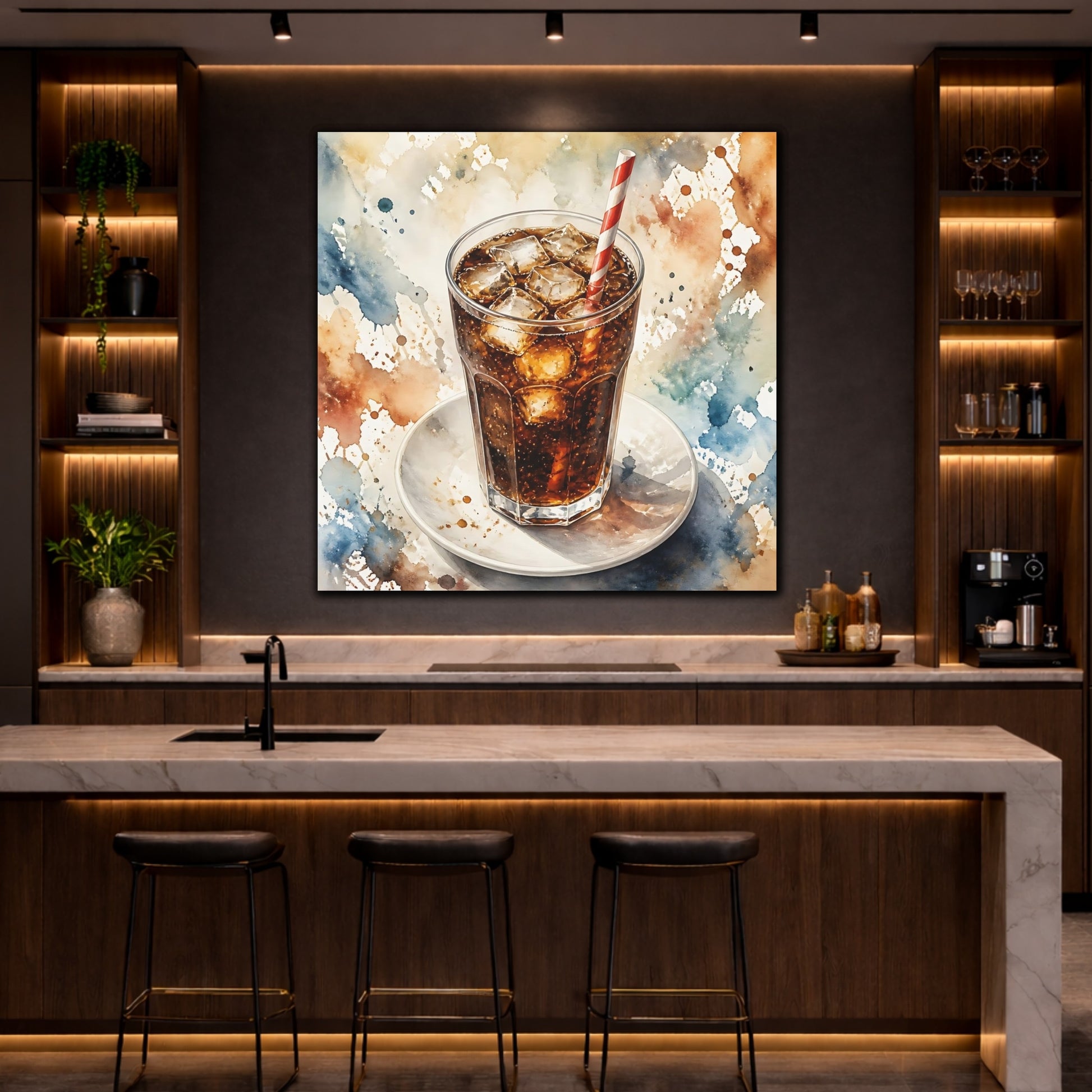 Mockup 4. Abstract Iced Cola Iced Cola Watercolor shown as stretched canvas wall art