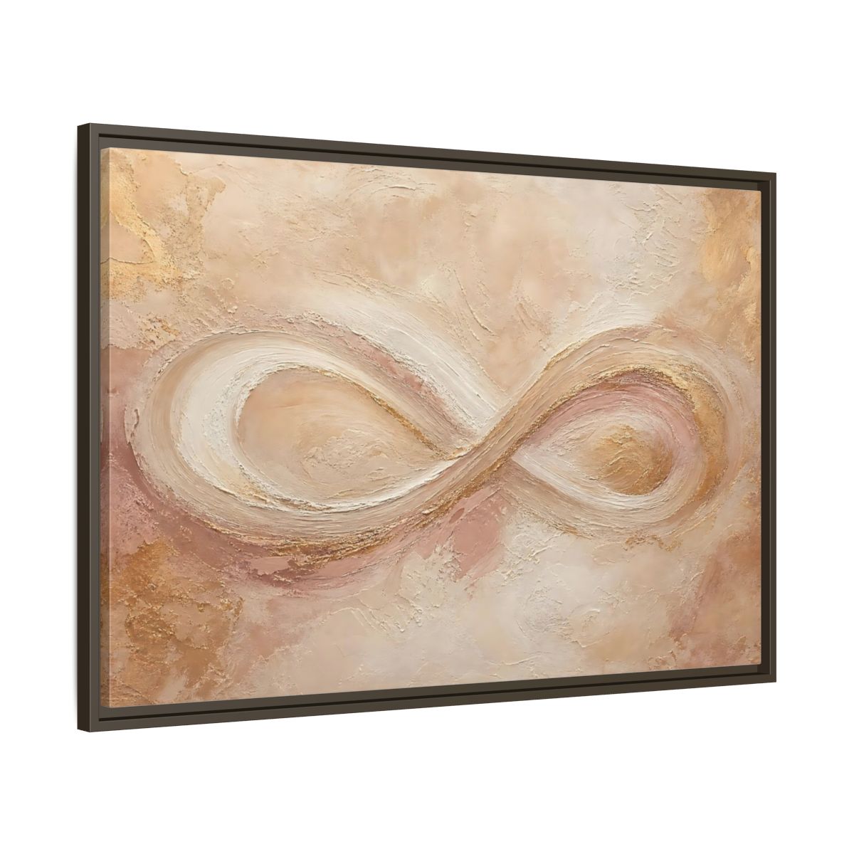 Main Mockup. Abstract Infinity Symbol Beige Gold Abstract shown as stretched canvas wall art