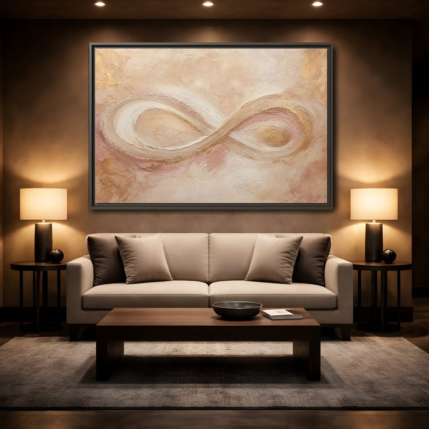 Mockup 2. Abstract Infinity Symbol Beige Gold Abstract shown as stretched canvas wall art