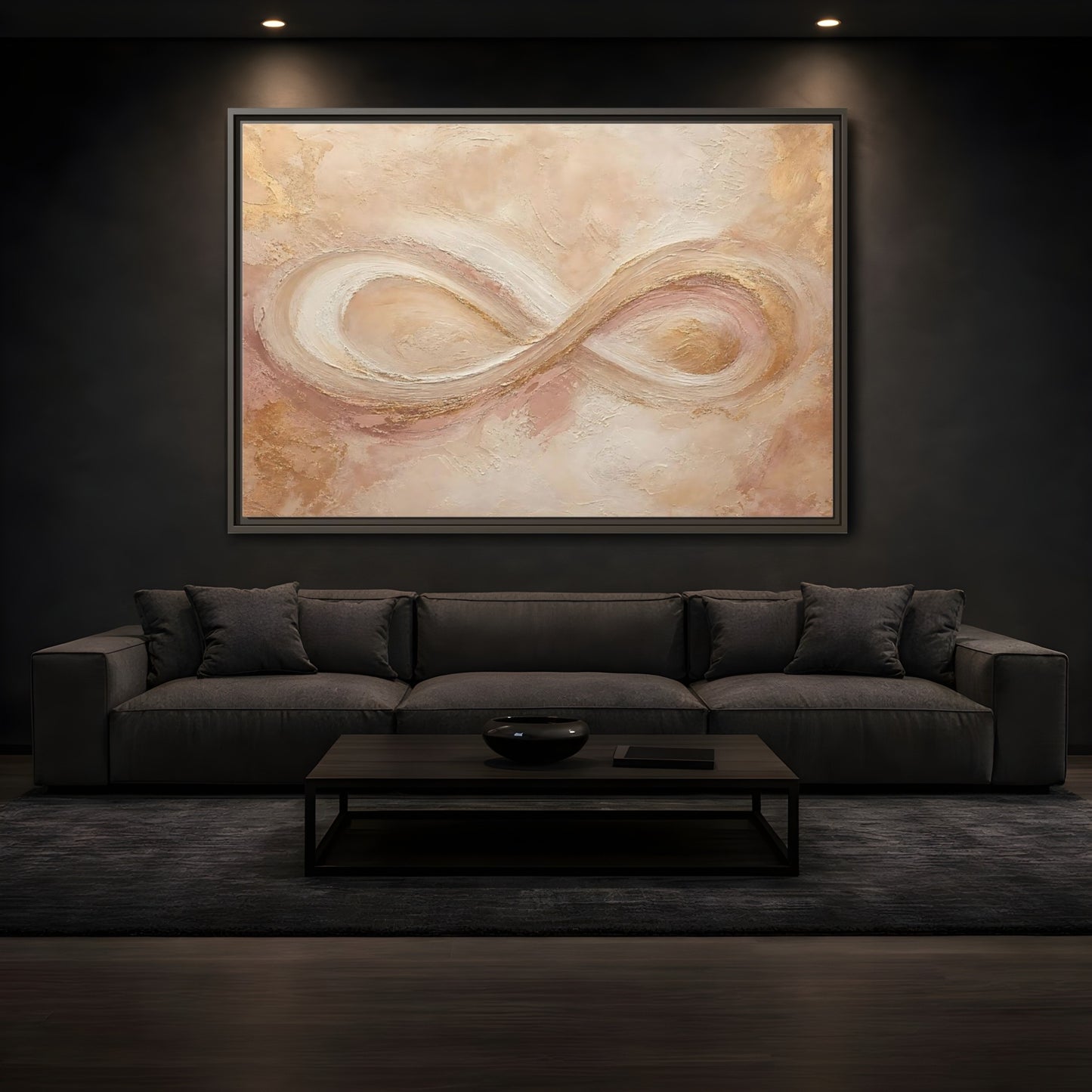 Mockup 3. Abstract Infinity Symbol Beige Gold Abstract shown as stretched canvas wall art