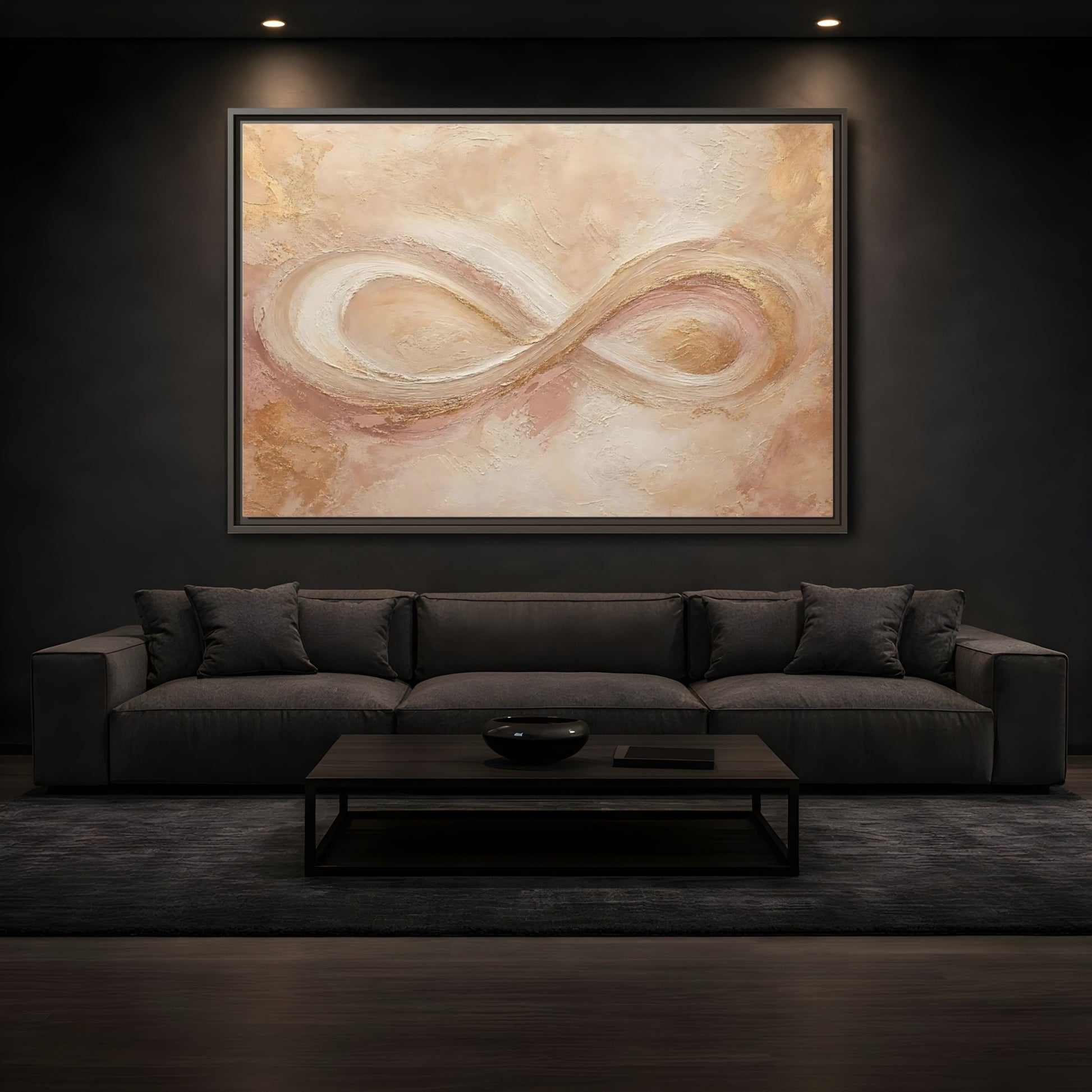 Mockup 3. Abstract Infinity Symbol Beige Gold Abstract shown as stretched canvas wall art
