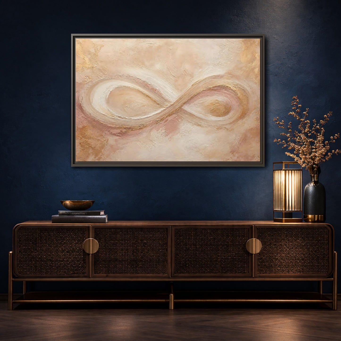 Mockup 4. Abstract Infinity Symbol Beige Gold Abstract shown as stretched canvas wall art