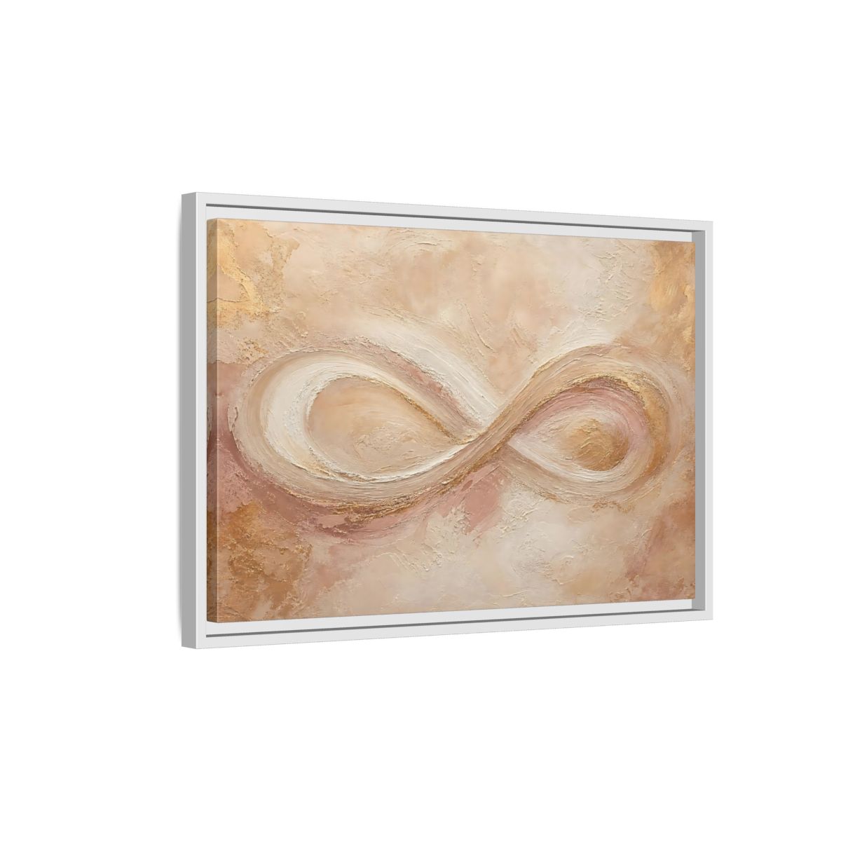 Side Mockup 1. Abstract Infinity Symbol Beige Gold Abstract shown as stretched canvas wall art