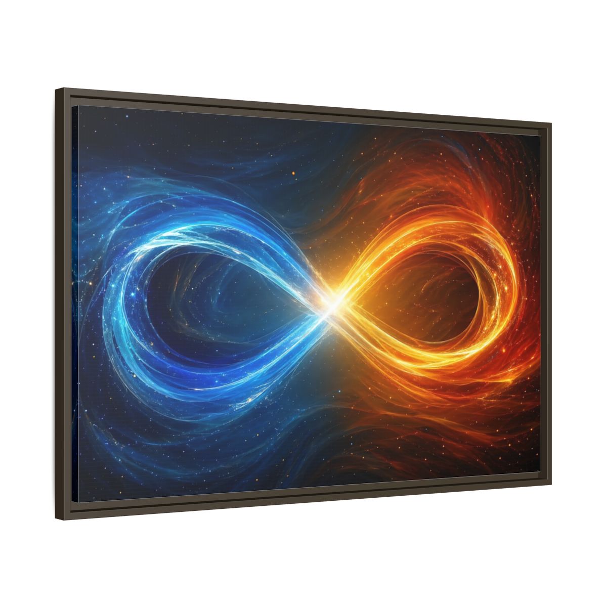 Main Mockup. Abstract Infinity Symbol Blue Orange Energy shown as stretched canvas wall art