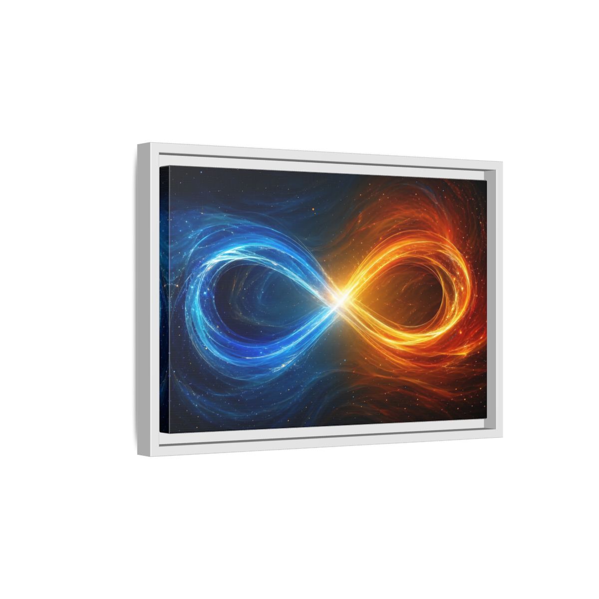 Side Mockup 4. Abstract Infinity Symbol Blue Orange Energy shown as stretched canvas wall art