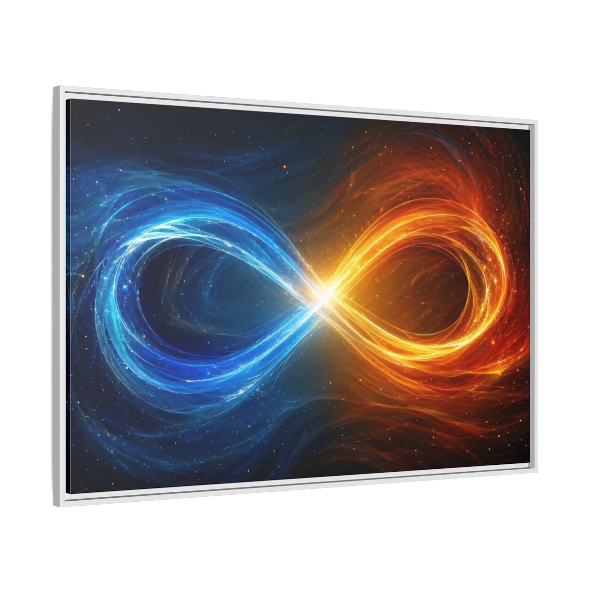 Side Mockup 7. Abstract Infinity Symbol Blue Orange Energy shown as stretched canvas wall art