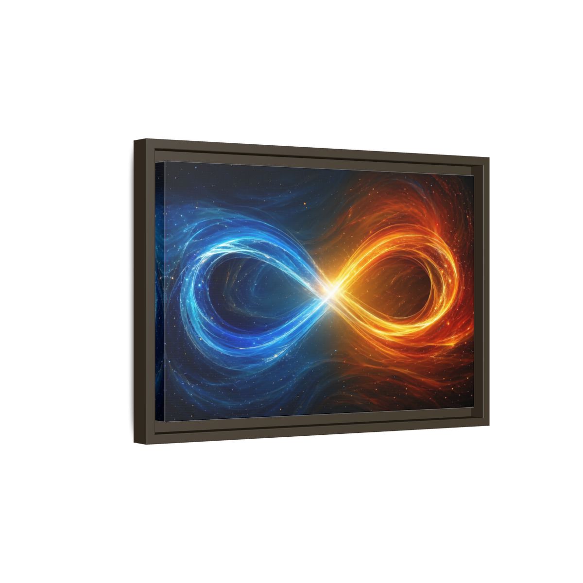 Side Mockup 5. Abstract Infinity Symbol Blue Orange Energy shown as stretched canvas wall art