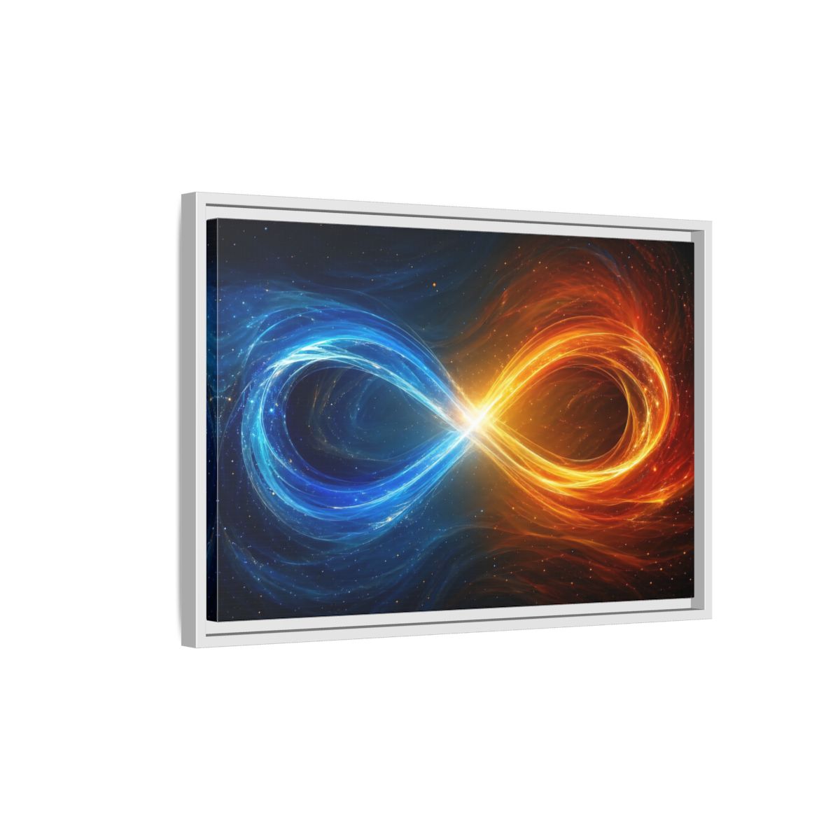 Side Mockup 1. Abstract Infinity Symbol Blue Orange Energy shown as stretched canvas wall art