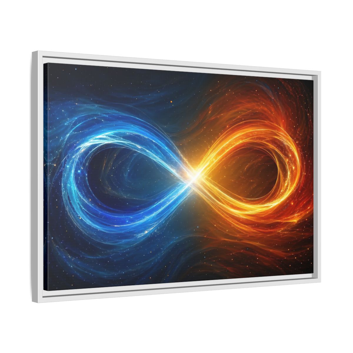 Side Mockup 10. Abstract Infinity Symbol Blue Orange Energy shown as stretched canvas wall art