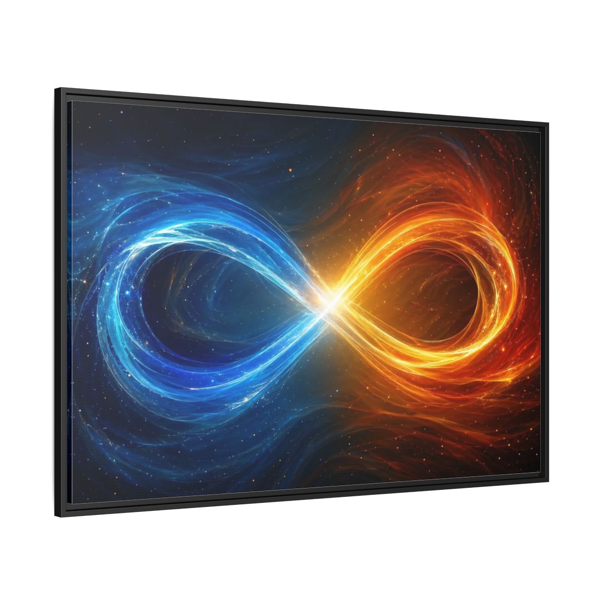 Side Mockup 12. Abstract Infinity Symbol Blue Orange Energy shown as stretched canvas wall art